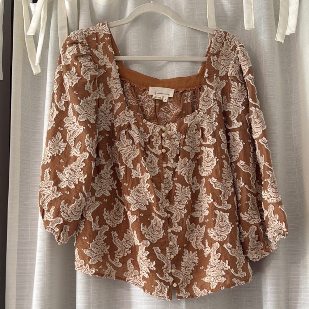 Anthropologie Brown and Cream Floral Top Size Small